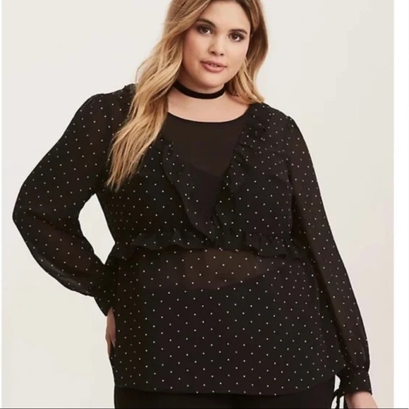 Torrid size 2 POLKA DOT PRINT RUFFLE TIE BLOUSE - Picture 2 of 8